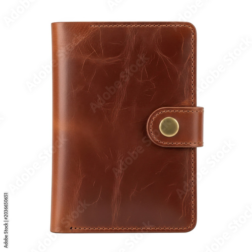 Vertical brown leather pocket notebook or wallet with snap button closure and visible texture for personal organization and daily use isolated on a transparent background