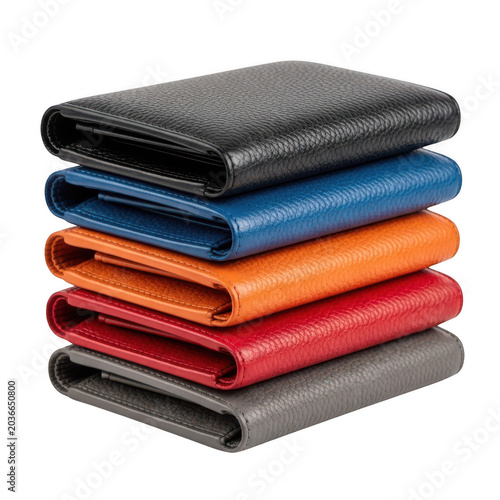 Stack of five leather wallets in various vibrant colors including black blue orange red and grey for fashion accessories and personal organization isolated on a transparent background