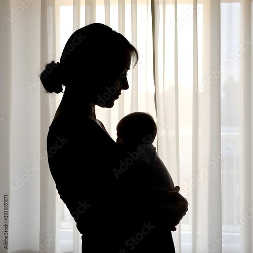 Mother Silhouette Cradling Baby Against Sheer Curtain Profile Cropped Shoulders