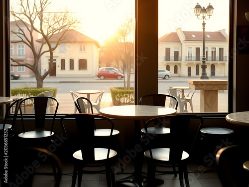 Silhouette Empty Thonet Bistro Chairs Round Marble Tables Backlit Glowing