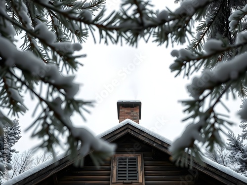 Worm's Eye View Scandinavian Cabin Chimney Smoking Against Pale Winter