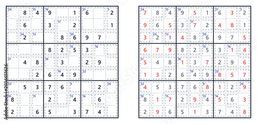 Photos Medium-difficulty Killer Sudoku puzzle grid featuring numbers and highlighted re