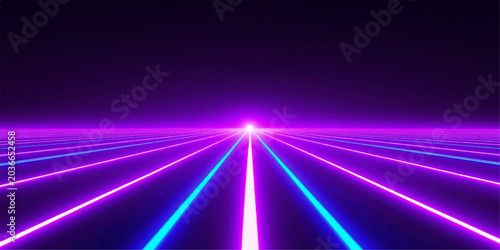 Photos Futuristic abstract cyber highway concept, neon glow perspective lines with horizon light flare
