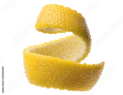 Fresh lemon slice spiral peel isolated on white background minimal style