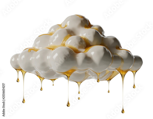 Melting ice cream scoops with golden caramel drizzle on white background