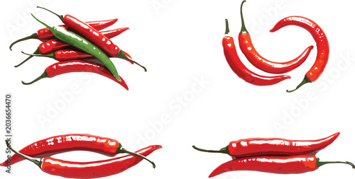 Tableau sur toile Chili Pepper Illustration Set Featuring Red and Green Chilies in Various Arrange