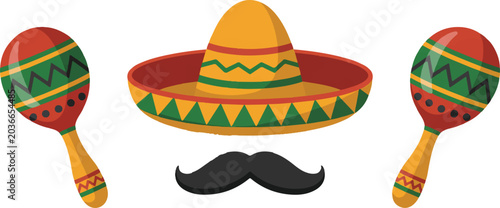 Mexican traditional festival set featuring bright yellow sombrero large black mustache and colorful maracas on transparent texture.
