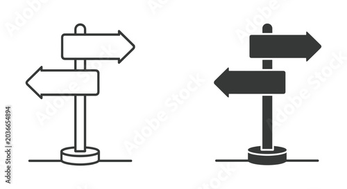 Directional Signpost Icon: A simple yet clear graphic representing a signpost with two arrows indicating different directions. decision making, choice, crossroads, path, opportunity, way forward.