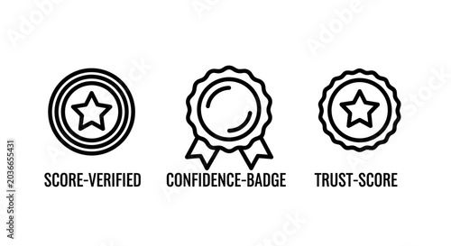 Trust and quality assurance icons including verified score confidence badge rating with verified confidence assurance certification achievement business customer feedback reputation security