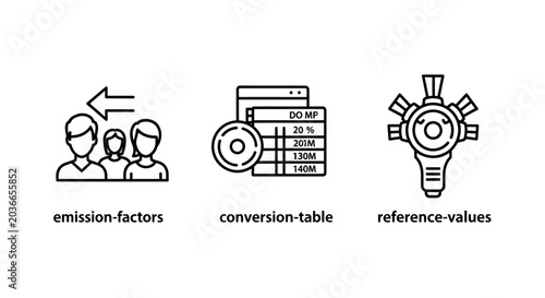 Data analysis icons representing emission factors conversion table and reference values for scientific research with analysis emission conversion reference scientific research statistics