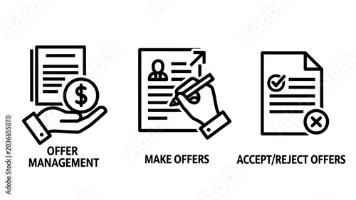 Business offer management icon set describing process steps with management business contract proposal document agreement workflow commerce corporate transaction customer administrative
