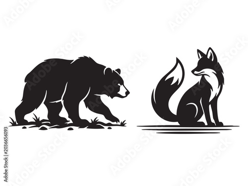 Photography Bear and wolf silhouette vector on white background