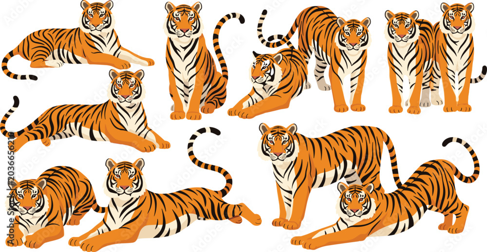 Obraz premium Collection of Cute Cartoon Tiger Poses Vector Illustration Set with Wild Jungle Animals for Kids Designs, Mascots, Stickers, and Educational Use