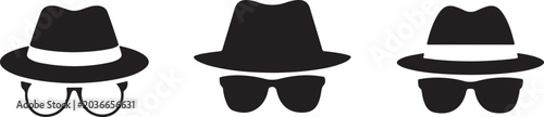 Set of incognito fedora hats with dark glasses, spy, detective, secret agent, or unknown person symbols.
