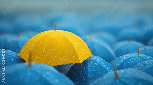 Yellow umbrella standing out in crowd