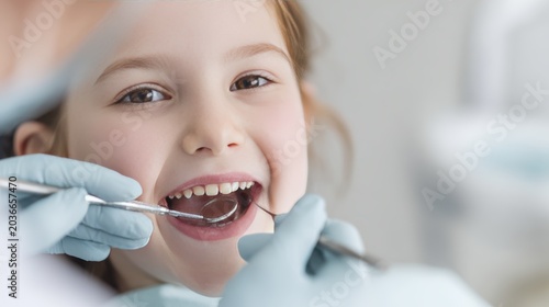 Happy child receiving dental checkup with smiling dentist in clinic