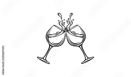Canvastavla Two clinking wine glasses outline vector logo with splashing drink celebration d