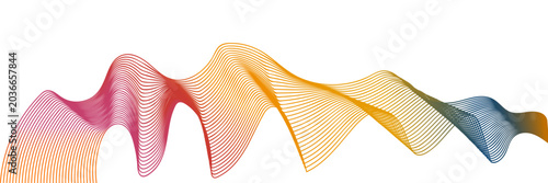 Abstract soundwave pattern consisting of pink orange and blue gradient grid lines isolated on white background. Curved linear technology concept element with digital distortion effect.