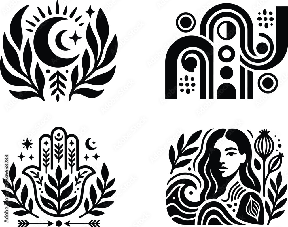 Fototapeta premium Set of four mystical and bohemian style vector illustrations featuring lunar phases, hamsa hand, and abstract motifs.