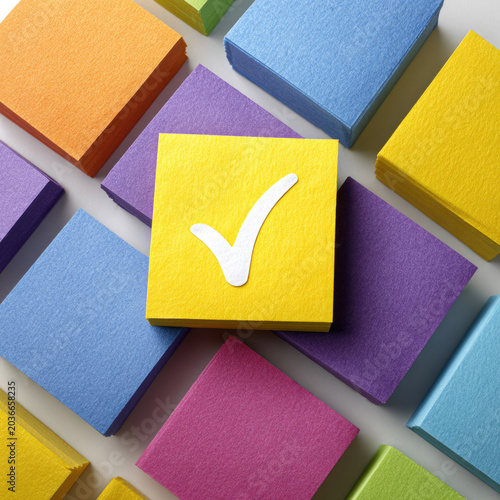 A yellow sheet with a white tick among the colored stickers.