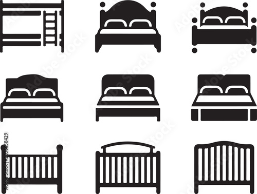 Collection of black bed silhouettes featuring bunk beds double beds and baby cribs for bedroom furniture catalog and interior.