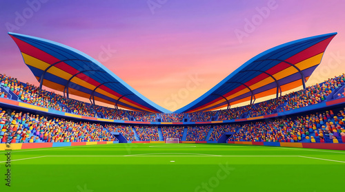 Colorful cartoon style soccer stadium with vibrant stands and sunset sky background