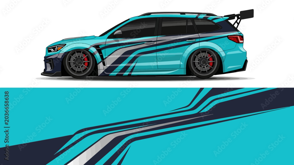 Obraz premium Dynamic teal and blue graphic sports car illustration with bold stripes and design.