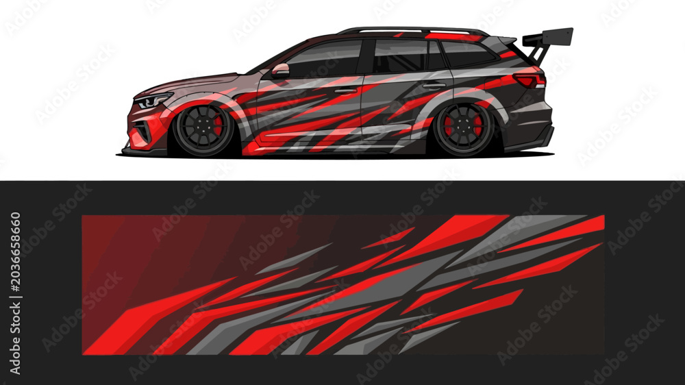 Naklejka premium Sleek racing car with red and black abstract livery on dark background.