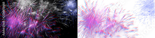 Obraz na płótnie Colorful fireworks display red blue and white bursts sparkling in night sky celebration