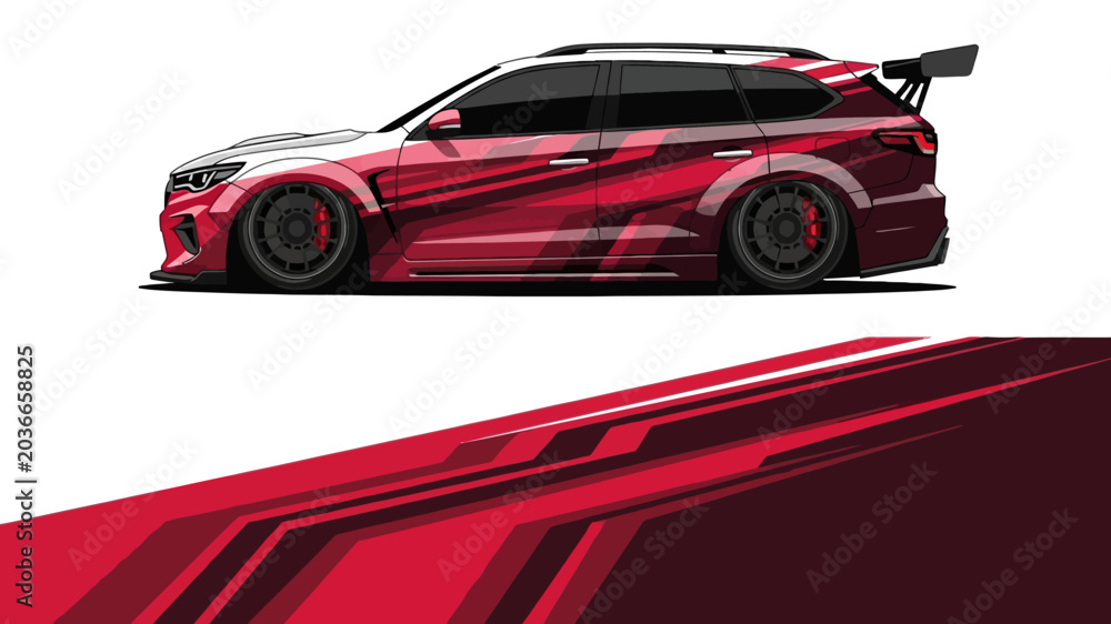 Obraz premium Sleek red sports car with bold racing graphics and aerodynamic design.