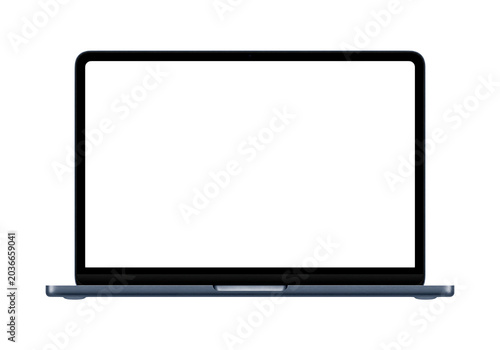 New indigo ultrabook or laptop mockup template with no background and screen. Only frame on the png image. Front view. Opened lid
