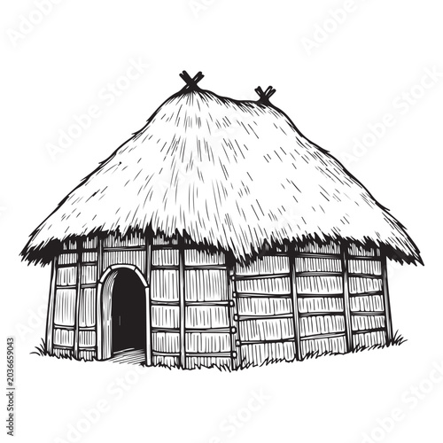 Traditional thatched hut sketch with wooden walls and arched doorway for rural or tribal architectural design