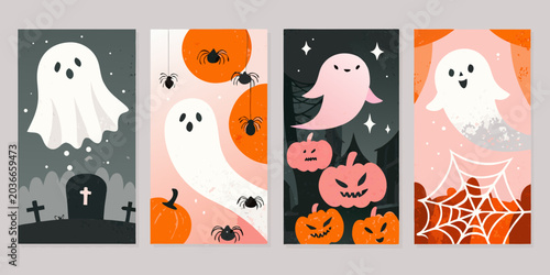 Фотография Halloween Ghost And Pumpkin Designs Colorful Vector Illustrations