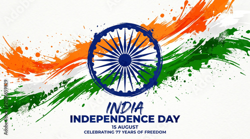 Artistic Indian Independence Day background with Ashoka Chakra and vibrant patriotic paint splash design