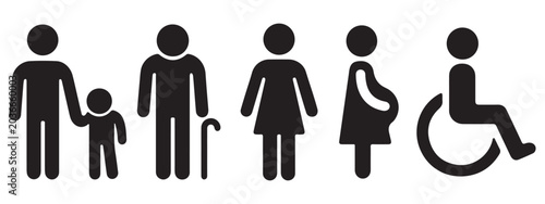 Public Accessibility Pictogram Set - Family, Elderly, Woman, Pregnant, and Wheelchair Handicap Icons for Signage Design