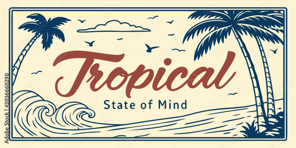 Obraz premium Palm trees and waves a vintage style vector illustration