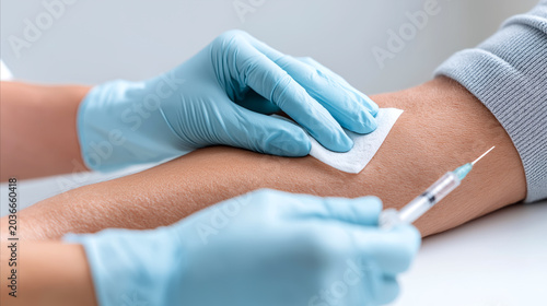 Close-up of healthcare worker preparing injection on patient arm with sterile gloves and syringe, representing vaccination, medicine, healthcare, treatment, and medical safety