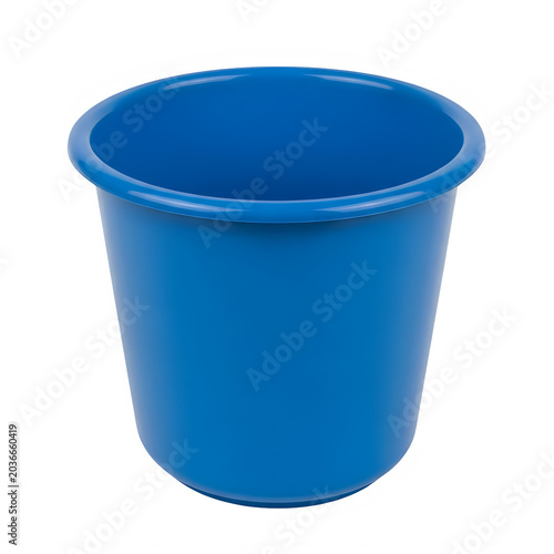 Blue plastic bucket standing alone isolated on white background