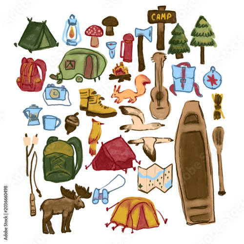 Watercolor Camping Clipart Set with Forest Adventure Elements