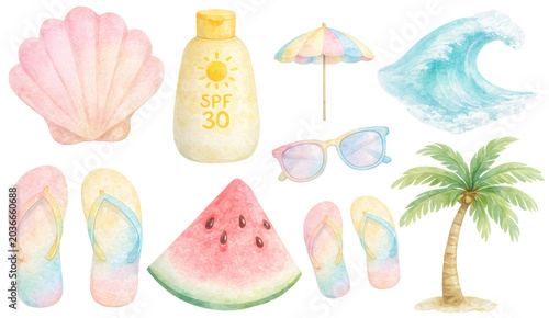Watercolor Summer Beach Clipart Set with Seashell, Sunscreen, Umbrella, Wave, Sunglasses, Flip Flops, Watermelon and Palm Tree