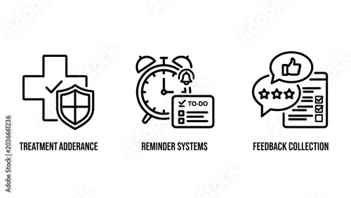 Medical treatment adherence reminder system and patient feedback collection vector icon set with treatment adherence medicine reminder feedback customer satisfaction hospital clinical
