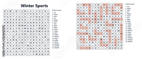 Word search puzzle sheet featuring winter sports terms  