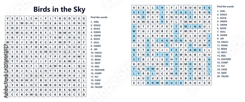 Word search puzzle sheet with birds in the sky theme  