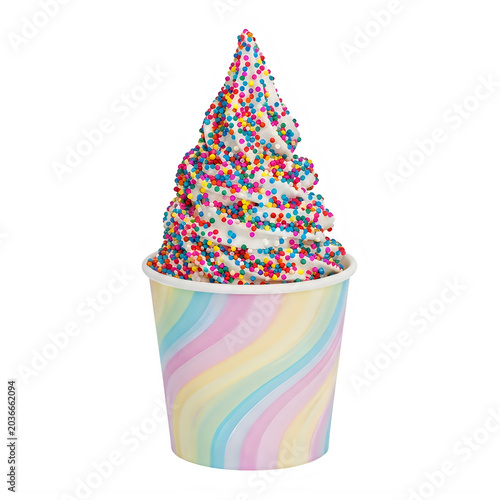 Colorful rainbow ice cream cone with sprinkles isolated on white background