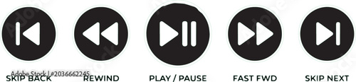 Foto A set of five circular icons displays music playback controls including skip back, rewind, play/pause, fast forward, and skip next