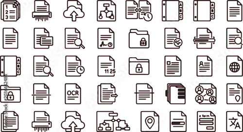 A comprehensive set of icons illustrates diverse document types, file operations, and data handling processes.