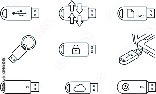 USB flash drives and data storage icons are presented in a grid layout with various functionalities.