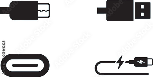 Various USB connector types, including USB-A, USB-C, and a charging cable with a lightning bolt icon, are presented in a clean layout.