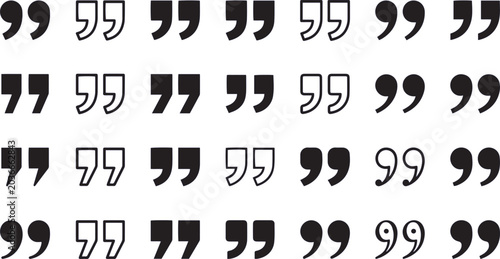Quotation marks in various styles and orientations are displayed in a grid format on a white background.