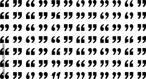 A dense pattern of black quotation marks fills the frame on a white background, suggesting an abundance of text.